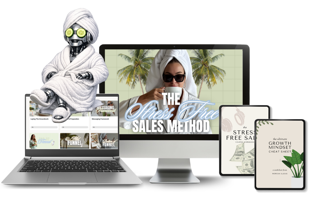 Stress Free Sales course mockup shown on laptop and phone